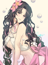 Rule 34 | 1girl, bare shoulders, bikini, black hair, braid, breasts, chest tattoo, cleavage, earrings, facial mark, fate/grand order, fate (series), flower, forehead mark, hair flower, hair ornament, jewelry, large breasts, long hair, looking at viewer, lucidsky, multicolored hair, necklace, parted lips, pearl necklace, pink hair, sarong, sessyoin kiara, sessyoin kiara (swimsuit mooncancer), sessyoin kiara (swimsuit mooncancer) (first ascension), smile, streaked hair, swimsuit, tattoo, twin braids, water, wavy hair, white bikini, yellow eyes