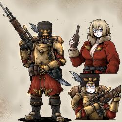 Rule 34 | 1girl, ammunition pouch, armor, astra militarum, bearskin cap, belt, blonde hair, boots, bottle, breastplate, breasts, canteen, cleavage, coat, explosive, feathers, fur trim, gas mask, gauntlets, grenade, gun, highres, knife, large breasts, lasgun, mask, military uniform, octosoup, pouch, rifle, scar, scar on face, short hair, skull, solo, uniform, vostroyan firstborns, warhammer 40k, weapon, wine bottle