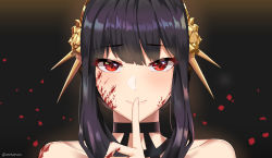 Rule 34 | 1girl, absurdres, bare shoulders, black choker, black hair, blood, blood on face, blood on hands, blood splatter, blush, choker, closed mouth, collarbone, finger to mouth, flower, hair between eyes, hair flower, hair ornament, hairband, highres, index finger raised, looking at viewer, portrait, red eyes, short hair with long locks, shushing, sidelocks, solo, spy x family, twitter username, twomoon, yellow flower, yellow hairband, yor briar