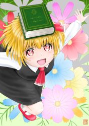 Rule 34 | 1girl, :d, ascot, black skirt, black vest, blonde hair, book, book on head, bosutonii, commentary request, floral background, foreshortening, from above, hair ribbon, highres, looking at viewer, object on head, open mouth, outstretched arms, red ascot, red eyes, red footwear, ribbon, rumia, short hair, signature, skirt, smile, solo, spread arms, standing, standing on one leg, touhou, vest