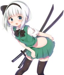Rule 34 | 1girl, bad id, bad pixiv id, black thighhighs, blue eyes, blush, bow, hairband, highres, kayahara, konpaku youmu, looking at viewer, midriff, open mouth, scabbard, sheath, sheathed, short hair, silver hair, simple background, skirt, solo, sword, thighhighs, touhou, weapon, white background