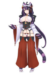 Rule 34 | 1girl, ahoge, alternate costume, animal ear fluff, animal ears, animal hands, barbariank, bell, breast curtains, breasts, cat ears, cat girl, cat tail, cheshire cat (monster girl encyclopedia), claws, club (shape), commentary, detached leggings, detached sleeves, english commentary, eyes visible through hair, facial mark, full body, garter straps, gluteal fold, hair bell, hair ornament, hairband, highres, japanese clothes, jingle bell, large breasts, long hair, looking at viewer, monster girl encyclopedia, multicolored hair, panties, purple hair, sidelocks, simple background, smile, solo, standing, striped tail, tabi, tail, thighhighs, two-tone hair, underwear, white background, wide sleeves, yellow eyes
