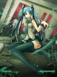 Rule 34 | 1girl, aqua hair, blue eyes, boots, collar, crossover, dutch angle, fallout (series), fallout 3, hatsune miku, heads-up display, indoors, long hair, looking at viewer, miniskirt, necktie, pleated skirt, sitting, skirt, slave, solo, thigh boots, thighhighs, twintails, very long hair, vocaloid, zettai ryouiki