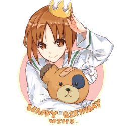 Rule 34 | 10s, 1girl, adjusting clothes, adjusting headwear, arm up, bad id, bad twitter id, bandages, bandaid, blouse, brown eyes, brown hair, character name, circle, closed mouth, commentary, crown, english text, girls und panzer, happy birthday, holding, holding stuffed toy, long sleeves, looking at viewer, mini crown, nishizumi miho, ooarai school uniform, school uniform, serafuku, shirt, short hair, smile, solo, stuffed animal, stuffed toy, upper body, white shirt, yuuyu (777)