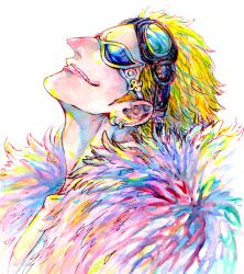 Rule 34 | 1boy, adam&#039;s apple, aviator sunglasses, blonde hair, blue-tinted eyewear, coat, collarbone, donquixote doflamingo, earrings, feather coat, feathers, goggles, goggles on head, grin, jewelry, male focus, mawari28, multicolored clothes, multiple earrings, one piece, pink coat, portrait, profile, smile, sunglasses, teeth, tinted eyewear, traditional media, white-framed eyewear