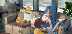 Rule 34 | 1girl, :q, arm support, azur lane, bad id, bad pixiv id, bare shoulders, black dress, black thighhighs, window blinds, blue eyes, blue hair, breasts, cirilla lin, collarbone, commentary, couch, cushion, dress, full body, garter belt, halter dress, halterneck, highres, indoors, long hair, looking at viewer, manjuu (azur lane), medium breasts, no shoes, on couch, parted bangs, plant, potted plant, solo, sovetskaya belorussiya (azur lane), strap pull, table, thighhighs, tongue, tongue out, very long hair, window, wrist cuffs