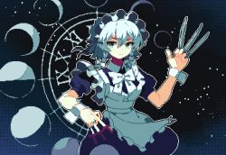 Rule 34 | 1girl, 4qw5, apron, between fingers, black background, bow, bowtie, braid, closed mouth, green eyes, grey hair, highres, holding, holding knife, izayoi sakuya, knife, knives between fingers, looking at viewer, maid, maid headdress, moon phases, pixel art, side braids, sky, solo, star (sky), starry sky, touhou, touhou lost branch of legend, twin braids, white apron, white bow, white bowtie