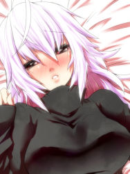 Rule 34 | 1girl, ahoge, bed, bed sheet, breasts, close-up, hair down, jin (mugenjin), large breasts, lips, long sleeves, lying, on back, red eyes, solo, sweater, upper body, vocaloid, white hair, yowane haku