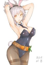 Rule 34 | adjusting hair, animal ears, armpits, arms up, artist request, bare arms, battle bunny riven, breasts, carrot, cleavage, covered navel, cowboy shot, fake animal ears, groin, hairband, highres, korean text, league of legends, leotard, looking at viewer, medium breasts, necktie, pantyhose, playboy bunny, pointy ears, rabbit ears, rabbit tail, riven (league of legends), silver hair, simple background, strapless, sweatdrop, tail, white background, yellow eyes