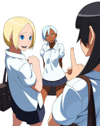 Rule 34 | 3girls, asymmetrical bangs, black hair, blonde hair, blouse, blue eyes, colored skin, dark-skinned female, dark skin, go robots, multiple girls, parted bangs, school uniform, shirt, simple background, white background, white shirt