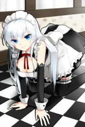 Rule 34 | 1girl, all fours, bad id, bad pixiv id, bare shoulders, black thighhighs, blue eyes, braid, breasts, checkered floor, cleavage, detached sleeves, floor, large breasts, long hair, maid, maid headdress, sigma (sword girls), silver hair, smile, solo, sword girls, thighhighs, ubina