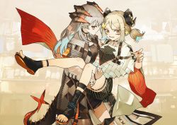 Rule 34 | 2girls, absurdres, ankle strap, arknights, black choker, black dress, black footwear, black horse, blonde hair, brown background, carrying, choker, closed mouth, coat, collarbone, commentary request, cowboy shot, dragon horns, dragon tail, dress, earrings, highres, horns, ifrit (arknights), infection monitor (arknights), jewelry, kensei (v2), long hair, looking at viewer, medium hair, multiple girls, nail polish, orange hair, orange nails, parted lips, princess carry, sandals, saria (arknights), shoes, short twintails, sideways glance, silver hair, sneakers, striped clothes, striped dress, stud earrings, tail, toenail polish, toenails, twintails, white coat