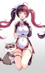 Rule 34 | 1girl, ahoge, animal ears, bare shoulders, black gloves, breasts, breasts squeezed together, brown hair, character request, colored inner hair, covered navel, cup, dress, elbow gloves, fingerless gloves, gloves, gradient background, hair ornament, hairclip, hat, heart, heart hands, highres, holding, holding cup, horse ears, houchi shoujo, kneeling, large breasts, mole, mole under eye, multicolored hair, pelvic curtain, pi tayuko, pink hair, raccoon, short dress, skindentation, solo, split-color hair, taut clothes, taut dress, twintails, two-tone hair, two side up, white dress, white hat
