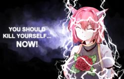 Rule 34 | 1girl, :|, closed mouth, commentary request, english text, eyelashes, flower, gold trim, highres, horns, ibaraki douji&#039;s arm, ibaraki kasen, lightning, looking at viewer, meme, oni, oni horns, parody, pink flower, pink hair, pink rose, puffy short sleeves, puffy sleeves, rose, serious, short sleeves, sidelocks, solo, standing, sunnysideup, tabard, touhou, v-shaped eyebrows, vine print, you should kill yourself now (meme)