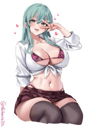 Rule 34 | 1girl, animal print, aqua eyes, aqua hair, bare arms, bare shoulders, bikini, black thighhighs, blush, breasts, cleavage, commentary request, cropped legs, curvy, ebifurya, hair ornament, hairclip, heart, highres, kantai collection, large breasts, leopard print, long hair, looking at viewer, navel, plaid, plaid skirt, print bikini, shirt, simple background, sitting, skindentation, skirt, sleeves rolled up, smile, solo, stomach, suzuya (kancolle), swimsuit, swimsuit under clothes, thick thighs, thighhighs, thighs, tied shirt, tonge out, twitter username, v, w, w over eye, white background, white shirt, wide hips