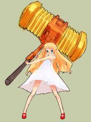 Rule 34 | 1990s (style), 1girl, blonde hair, blue eyes, dress, goldion hammer, grin, hammer, long hair, mary janes, oversized object, toy hammer, retro artstyle, rocket no natsu, selen angenieux, shoes, short dress, simple background, smile, solo, yuusha ou gaogaigar, yuusha series
