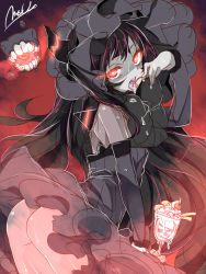 Rule 34 | 10s, 1girl, abyssal ship, ass, black hair, cherry, dress, food, fruit, glowing, glowing eyes, gothic lolita, isolated island oni, kantai collection, lolita fashion, long hair, mtu (orewamuzituda), no panties, parfait, red eyes, saliva, signature, skirt, solo, tongue, tongue out