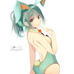 Rule 34 | 10s, 1girl, animal ears, ass, bad id, bad pixiv id, bare back, bare shoulders, bow, bowtie, cowboy shot, dated, detached collar, fake animal ears, green hair, grey eyes, highres, index finger raised, kantai collection, leotard, playboy bunny, rabbit ears, rabbit tail, short hair, simple background, solo, tail, tebi (tbd11), white background, yuubari (kancolle)