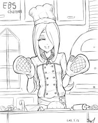 Rule 34 | 10s, 1girl, alternate costume, bad id, bad pixiv id, bowl, chef hat, chef, cooking show, closed eyes, greyscale, hair over one eye, hat, ice keki, little witch academia, long hair, monochrome, mushroom, oven mitts, rolling pin, smile, solo, sucy manbavaran