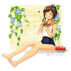 Rule 34 | 10s, 1girl, ^ ^, barefoot, window blinds, blouse, blue one-piece swimsuit, brown hair, closed eyes, eating, food, fruit, full body, hair ornament, hairclip, i-401 (kancolle), kantai collection, one-piece swimsuit, one-piece tan, orange sailor collar, plate, ponytail, sailor collar, sailor shirt, school swimsuit, shirt, short hair, short ponytail, simple background, sitting, sleeveless, sleeveless shirt, solo, swimsuit, swimsuit under clothes, tan, tanline, twitter username, watermelon, white background, white shirt, yamashichi (mtseven)