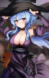 Rule 34 | 1girl, absurdres, alternate costume, black hat, blue hair, breasts, choker, cleavage, cowboy shot, detached sleeves, dress, dvdraw, ganyu (genshin impact), genshin impact, halloween, halloween bucket, hands on headwear, hat, highres, jack-o&#039;-lantern, large breasts, looking at viewer, purple dress, red eyes, sash, solo, witch hat