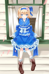 Rule 34 | 1girl, alice margatroid, alice margatroid (pc-98), alternate costume, blonde hair, blue eyes, blush, bow, female focus, flower, frills, hair bow, hair ornament, hairband, long sleeves, nanatuki13, open mouth, petals, rose, short hair, sitting, solo, touhou, wide sleeves, window