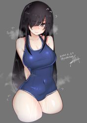 Rule 34 | 1girl, arms behind back, black hair, blue one-piece swimsuit, blush, breasts, brown eyes, cleavage, commentary request, covered navel, flying sweatdrops, grey background, large breasts, long hair, looking at viewer, one-piece swimsuit, original, rib:y(uhki), school swimsuit, simple background, solo, swimsuit