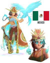 Rule 34 | 1girl, a2t will draw, aztec, bird, blue eyes, boots, braid, brown hair, brown pants, calavera, cape, eagle, glowing, glowing eyes, headgear, highres, macuahuitl, mexican flag, mexico, no navel, original, pants, skull, snake, spirit