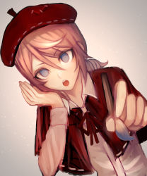 Rule 34 | :o, bad id, bad pixiv id, beret, blue eyes, brown hair, capelet, collared shirt, edgar valden, eyes visible through hair, foreshortening, hair between eyes, hat, head rest, head tilt, highres, holding, holding paintbrush, identity v, komatsuzaki rui (style), light particles, long hair, long sleeves, looking at viewer, paintbrush, painting (action), red hat, shirt, solo, teeth, upper body, upper teeth only, wamigakiko, white shirt