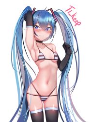 Rule 34 | 1girl, absurdres, alternate eye color, arm up, bikini, black gloves, blue eyes, breasts, breasts apart, choker, collarbone, cowboy shot, elbow gloves, gloves, gluteal fold, grin, hair between eyes, hatsune miku, highres, long hair, looking at viewer, multi-strapped bikini, navel, simple background, skindentation, small breasts, smile, solo, striped bikini, striped clothes, swimsuit, thighhighs, ti keep, twintails, very long hair, vocaloid, white background