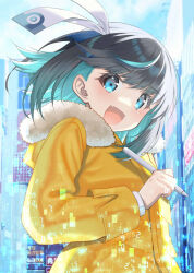 Rule 34 | 16bit sensation, 1girl, :d, akisato konoha, black hair, blue eyes, blue hair, blush, commentary request, fang, fur-trimmed hood, fur trim, highres, holding, holding stylus, hood, hood down, hooded jacket, jacket, looking at viewer, looking to the side, minatoasu, multicolored hair, open mouth, smile, solo, stylus, two-tone hair, upper body, yellow jacket