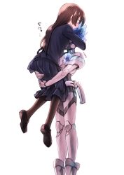 Rule 34 | 1boy, 1girl, absurdres, black footwear, black skirt, blue fire, blue hair, blush, brown hair, brown pantyhose, carrying, carrying person, covered face, fire, hands on another&#039;s leg, headphones, high heels, highres, hug, joints, loafers, long hair, long sleeves, mask, mechanical parts, ortho shroud, pantyhose, pleated skirt, respirator, robot joints, shoe soles, shoes, short hair, sidelocks, simple background, skirt, spiked hair, twisted wonderland, wavy hair, white background, yucke19, yuu (twisted wonderland)