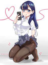 Rule 34 | black pantyhose, blue skirt, cellphone, clothes lift, collared shirt, highres, kneeling, lifted by self, long hair, miru tights, mole, mole under eye, nakabeni yua, panties, panties under pantyhose, pantyhose, phone, pleated skirt, school uniform, selfie, shirt, skirt, skirt lift, smartphone, solo, stephringo, thighband pantyhose, tongue, tongue out, underwear