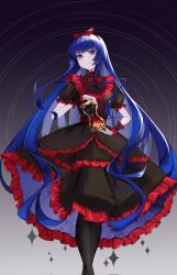 Rule 34 | 1girl, belt, black dress, black pantyhose, black souls, blue eyes, blue hair, bow, dress, frilled dress, frilled wrist cuffs, frills, gothic lolita, hair bow, hairband, highres, lolita fashion, long hair, looking at viewer, mabel (black souls), pantyhose, puffy short sleeves, puffy sleeves, red belt, red bow, red hairband, red wrist cuffs, short sleeves, solo, space print, star-shaped pupils, star (symbol), starry sky print, symbol-shaped pupils, very long hair, whisperdream049, wrist cuffs