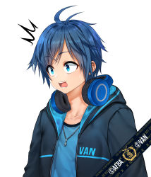Rule 34 | 1boy, ^^^, absurdres, afba, blue hair, blush, collarbone, commentary, commission, english commentary, english text, hair between eyes, headphones, headphones around neck, highres, hood, hood down, hoodie, jewelry, male focus, necklace, open mouth, original, short hair, short sleeves, simple background, surprised, teeth, virtual youtuber, white background, wide-eyed