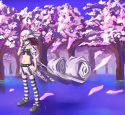 Rule 34 | 1girl, bad id, bad pixiv id, cherry blossoms, female focus, forest, green eyes, hat, key, merry nightmare, midriff, nature, navel, outdoors, petals, plant, purple hair, ribbon, short hair, skirt, sky, solo, striped clothes, striped thighhighs, thighhighs, tks (526tks), tree, water, yumekui merry