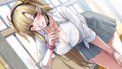 Rule 34 | 1girl, black choker, blonde hair, bracelet, breasts, choker, collared shirt, ear piercing, finger to mouth, grey skirt, highres, horns, indoors, jewelry, large breasts, leaning forward, lips, long hair, long sleeves, looking at viewer, original, partially unbuttoned, piercing, pink nails, pleated skirt, pointy ears, red eyes, school, school uniform, scrunchie, shirt, shushing, skirt, solo, teeth, white shirt, wrist scrunchie, xter