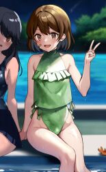 Rule 34 | 2girls, absurdres, alternate color, bandaid, bandaid on face, brown eyes, brown hair, casual one-piece swimsuit, commentary request, commission, cosplay, covered navel, crab, eckert&amp;eich, feet out of frame, frilled shirt, frills, green one-piece swimsuit, green shirt, highleg, highleg swimsuit, highres, kantai collection, multiple girls, night, oboro (kancolle), one-piece swimsuit, outdoors, sagiri (kancolle), sagiri (kancolle) (cosplay), shirt, short hair, side-tie swimsuit, sitting, skeb commission, sleeveless, sleeveless shirt, soaking feet, solo focus, swimsuit, ushio (kancolle), water