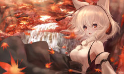 Rule 34 | 1girl, animal ears, autumn leaves, bare shoulders, black skirt, breasts, commentary, commentary request, detached sleeves, dqn (dqnww), fang, forest, hat, highres, inubashiri momiji, large breasts, leaf, looking at viewer, mountain, nature, night, open mouth, outdoors, pom pom (clothes), red eyes, rock, shirt, short hair, silver hair, skin fang, skirt, sleeveless, sleeveless shirt, solo, tail, tokin hat, touhou, tree, turtleneck, water, waterfall, white shirt, wolf ears, wolf tail