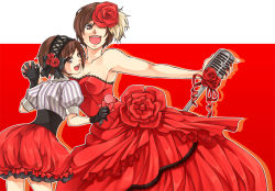 Rule 34 | 2girls, aged down, armpits, bad id, bad pixiv id, bare shoulders, breasts, brown eyes, brown hair, dress, dual persona, flower, gloves, gown, hairband, hitachi, meiko (vocaloid), microphone, multiple girls, one eye closed, open mouth, red flower, red rose, red theme, rose, sakine meiko, short hair, strapless, strapless dress, vocaloid, wink