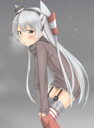 Rule 34 | 10s, 1girl, amatsukaze (kancolle), blush, brown eyes, garter straps, hair tubes, hairband, highres, kantai collection, long hair, looking at viewer, nedia (nedia region), scarf, silver hair, snowing, solo, thighhighs, two side up