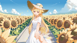 Rule 34 | 1boy, 1girl, :d, blonde hair, blue sky, braid, breasts, brown hat, cleavage, cloud, day, dress, feathered wings, field, flower, flower field, hair between eyes, hair flaps, hat, hibiki (vtuber), highres, holding hands, long hair, low wings, meridian project, mini wings, open mouth, outdoors, petals, red eyes, rikoma, short sleeves, sky, small breasts, smile, solo focus, straw hat, sunflower, very long hair, virtual youtuber, white dress, wings, yellow flower, yellow wings