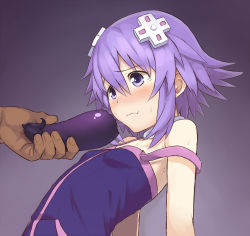 Rule 34 | 1boy, 1girl, bare arms, bare shoulders, blush, breasts, chiwino, commentary request, dark-skinned male, dark skin, eggplant, fellatio, food, gradient background, hair ornament, hetero, holding, holding food, holding vegetable, kami jigen game neptune v, light purple hair, neptune (neptunia), neptune (series), off shoulder, oral, petite, purple background, purple eyes, sexually suggestive, short hair, sidelocks, simulated fellatio, small breasts, solo focus, strap slip, vegetable