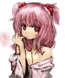Rule 34 | 1girl, bare shoulders, breasts, cleavage, female focus, gobou, gobou (gbu), hair bobbles, hair ornament, medium breasts, off shoulder, onozuka komachi, pink hair, red eyes, solo, touhou, twintails, two side up, upper body
