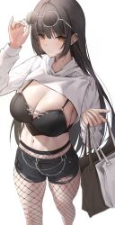 Rule 34 | 1girl, bag, black hair, black pantyhose, black shorts, blush, breasts, chain, cleavage, closed mouth, commentary request, commission, ear piercing, eyewear on head, fishnet pantyhose, fishnets, from above, highres, holding, holding bag, large breasts, long sleeves, looking at viewer, navel, orange eyes, original, pantyhose, piercing, po ppe, short shorts, shorts, simple background, smile, solo, sunglasses, sweater, thighs, torn clothes, torn shorts, white sweater