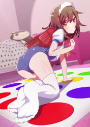 Rule 34 | 1girl, all fours, ass, backpack, bad id, bad pixiv id, bag, bakemonogatari, bed, brown eyes, brown hair, feet, maid, monogatari (series), no shoes, one-piece swimsuit, perspective, randoseru, s.h.v, school swimsuit, sengoku nadeko, short hair, soles, solo, swimsuit, swimsuit under clothes, thighhighs, toes, twister