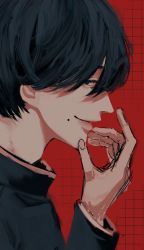Rule 34 | 1boy, black hair, bonjindaaa, chainsaw man, facing to the side, hair over eyes, highres, looking at viewer, mole, mole under mouth, red background, school uniform, short hair, simple background, smile, solo, yoshida hirofumi