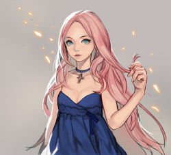 Rule 34 | 1girl, bare shoulders, breasts, choker, cleavage, cross, dress, green eyes, twirling hair, long hair, original, pink hair, racoona, simple background, small breasts, solo, upper body