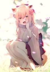 Rule 34 | 1girl, animal ear fluff, animal ears, blonde hair, blurry, blurry background, bow, breasts, chita (ketchup), crossed bangs, flip-flops, flower, fox, fox ears, fox girl, fox tail, grass, hair between eyes, hair bow, hair flower, hair ornament, hand on own cheek, hand on own face, hand on own knee, highres, japanese clothes, kimono, large breasts, long hair, looking at viewer, nail polish, open mouth, original, pleated skirt, red skirt, sandals, short eyebrows, sidelocks, skirt, squatting, tail, thick eyebrows, tongue, wide sleeves, yellow eyes