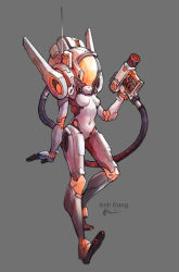 Rule 34 | 1girl, anh dang, arm at side, artist name, bodysuit, breasts, commentary, covered navel, english commentary, full body, grey background, gun, helmet, highres, holding, holding gun, holding weapon, navel, original, radio antenna, signature, simple background, small breasts, solo, space helmet, spacesuit, trigger discipline, weapon, white bodysuit